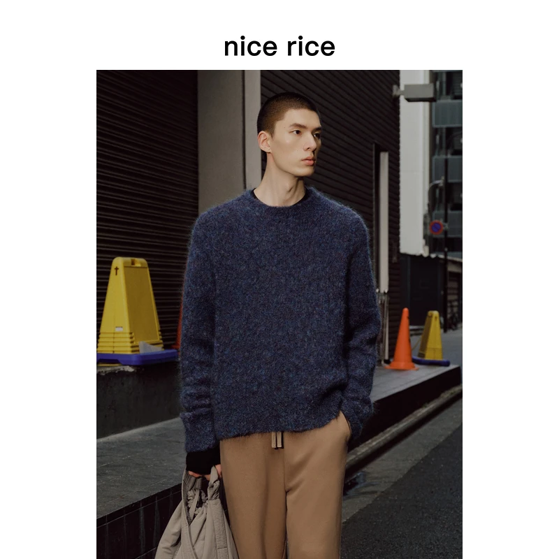 nice rice好饭 25冬季新品马海毛混纺宽松圆领花纱毛衫男NHD05057