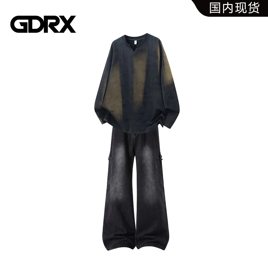 GDRX美式扎染长袖T恤套装男秋冬季新款痞帅男生衣服高级感两件套
