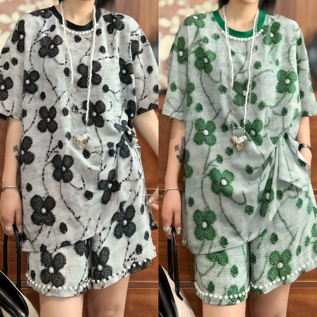 休闲风短裤潮流印花宽松阔腿裤夏季碎花田园风提花钉珠套装