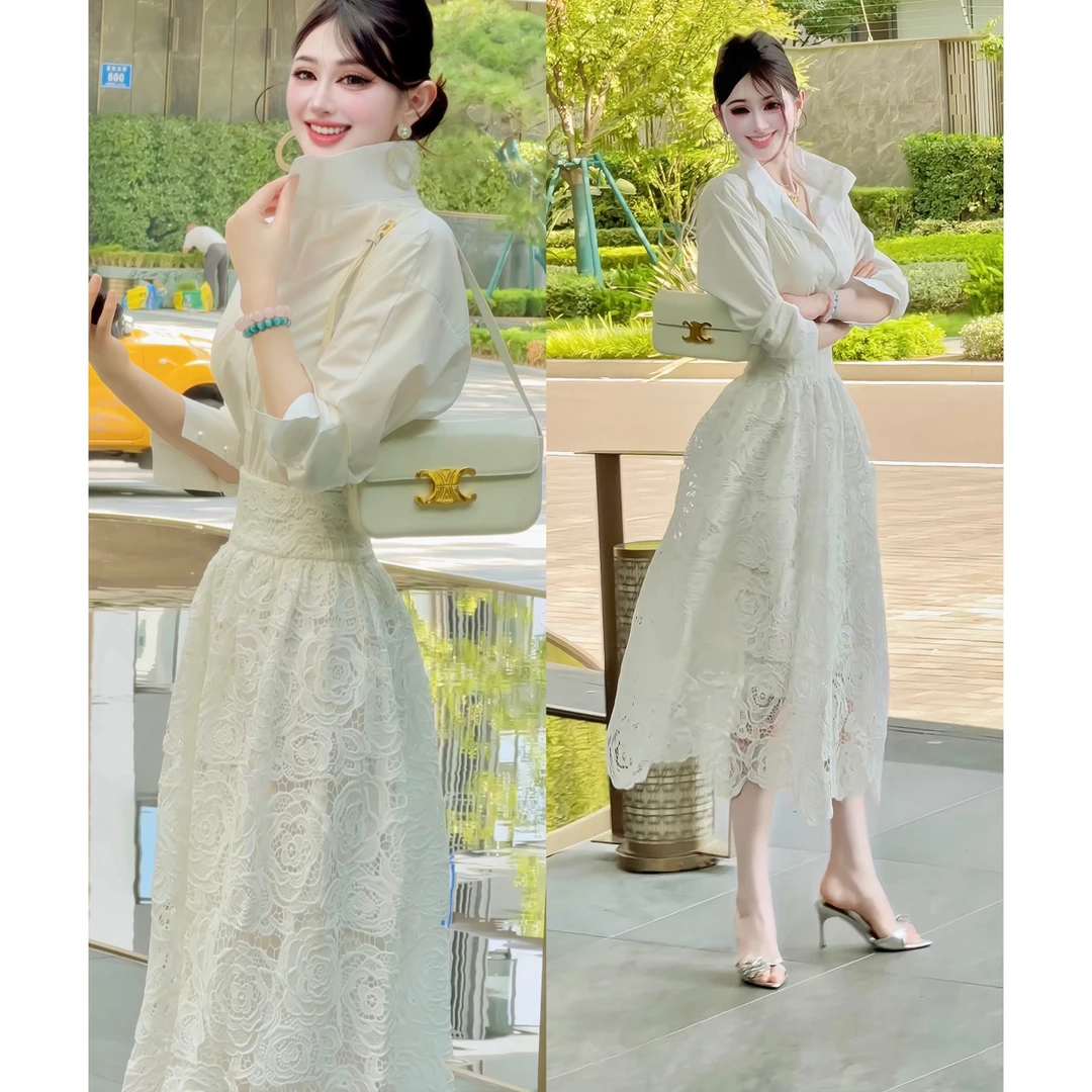 郁儿baby【法式高知女神】气质立领衬衫➕手工蕾丝收腰白色裙子