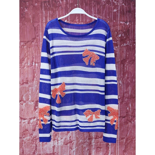 【韩哥女装】夏季蓝白条纹冰纱刺绣时尚休闲阔版轻薄针织衫8638