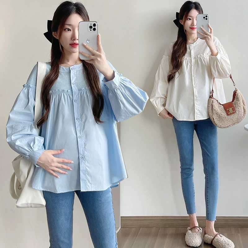 孕妇春装新款2025时尚长袖衬衫拼接宽松减龄娃娃衫上衣显瘦孕妇装