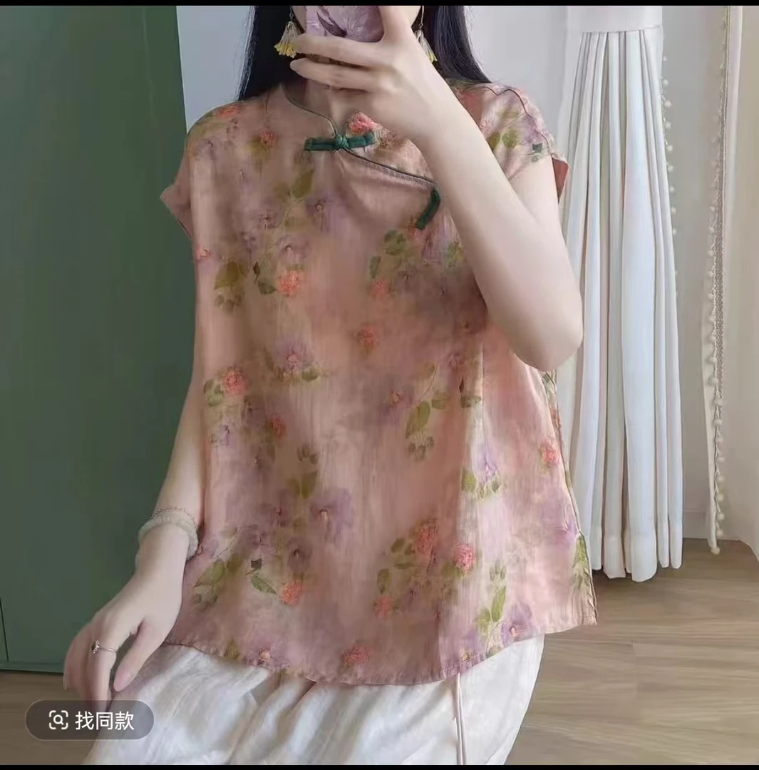 新中式纯印花无袖衬衫女夏宽松斜襟撞色盘扣改良旗袍短款上衣