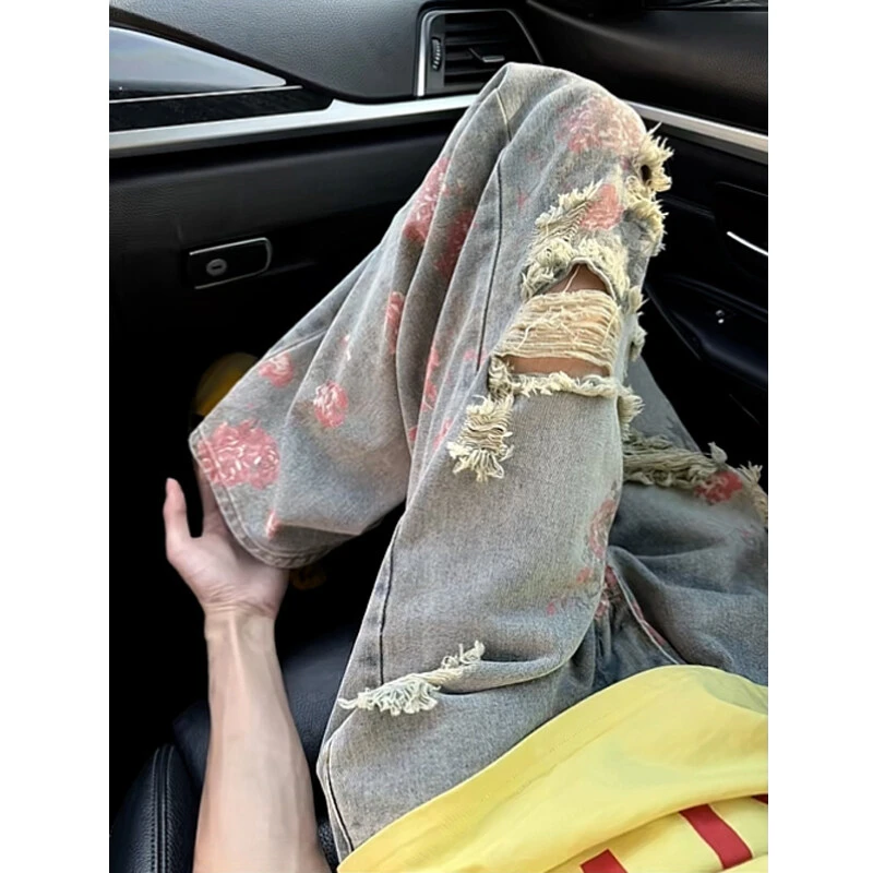 花卉破洞牛仔裤男款男生夏季痞帅高级感裤子vibe裤子男款夏季