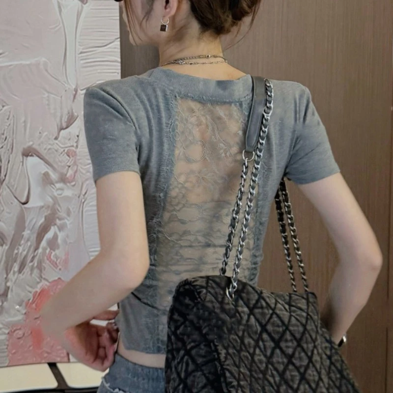 2025年夏季新款法式后背蕾丝拼接镂空短袖恤修身显瘦百搭女上衣