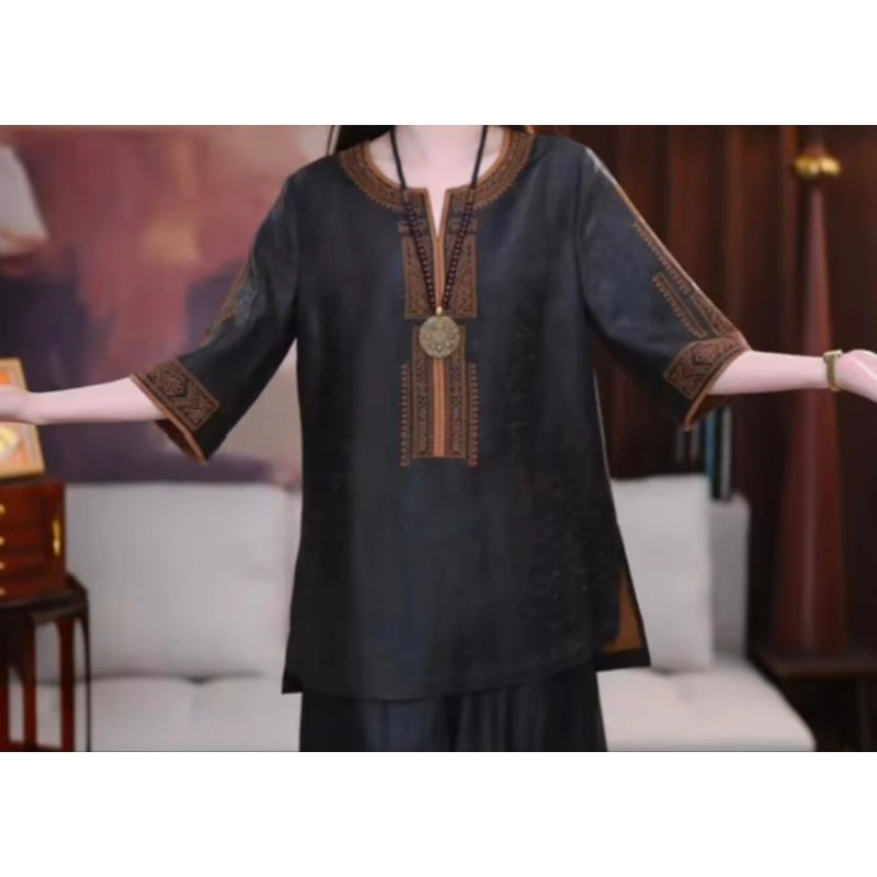 B【亭溪】 香云纱气质百搭时尚复古显瘦休闲宽松国风夏季短款上衣