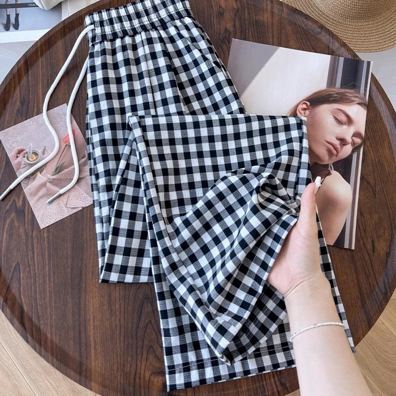 拉夏贝尔阔腿裤女2025夏季薄款女高腰宽松抽绳直筒黑白格子休闲裤