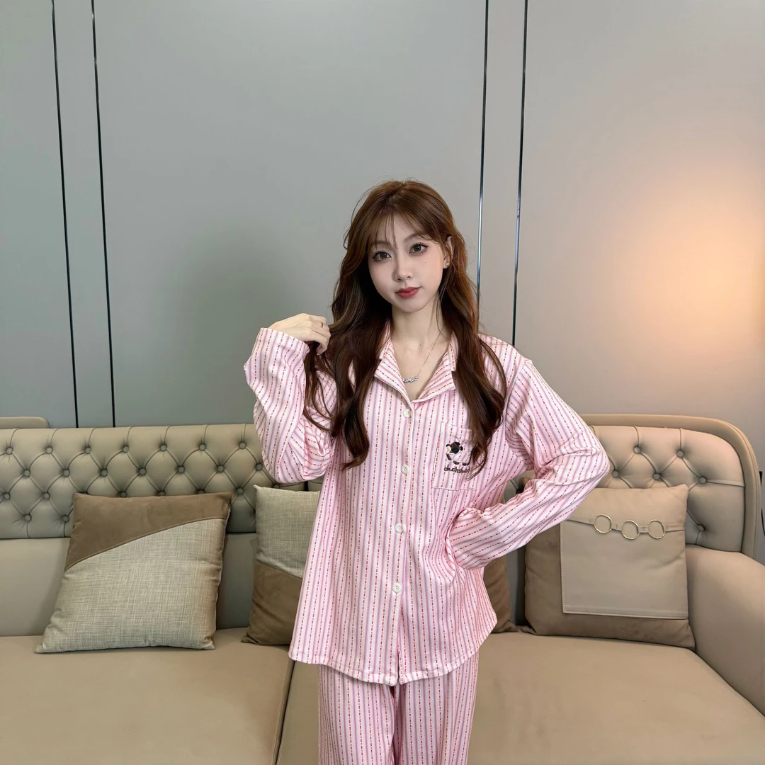 长袖字母女家居服套装月光丝睡衣时尚秋冬秋季条纹
