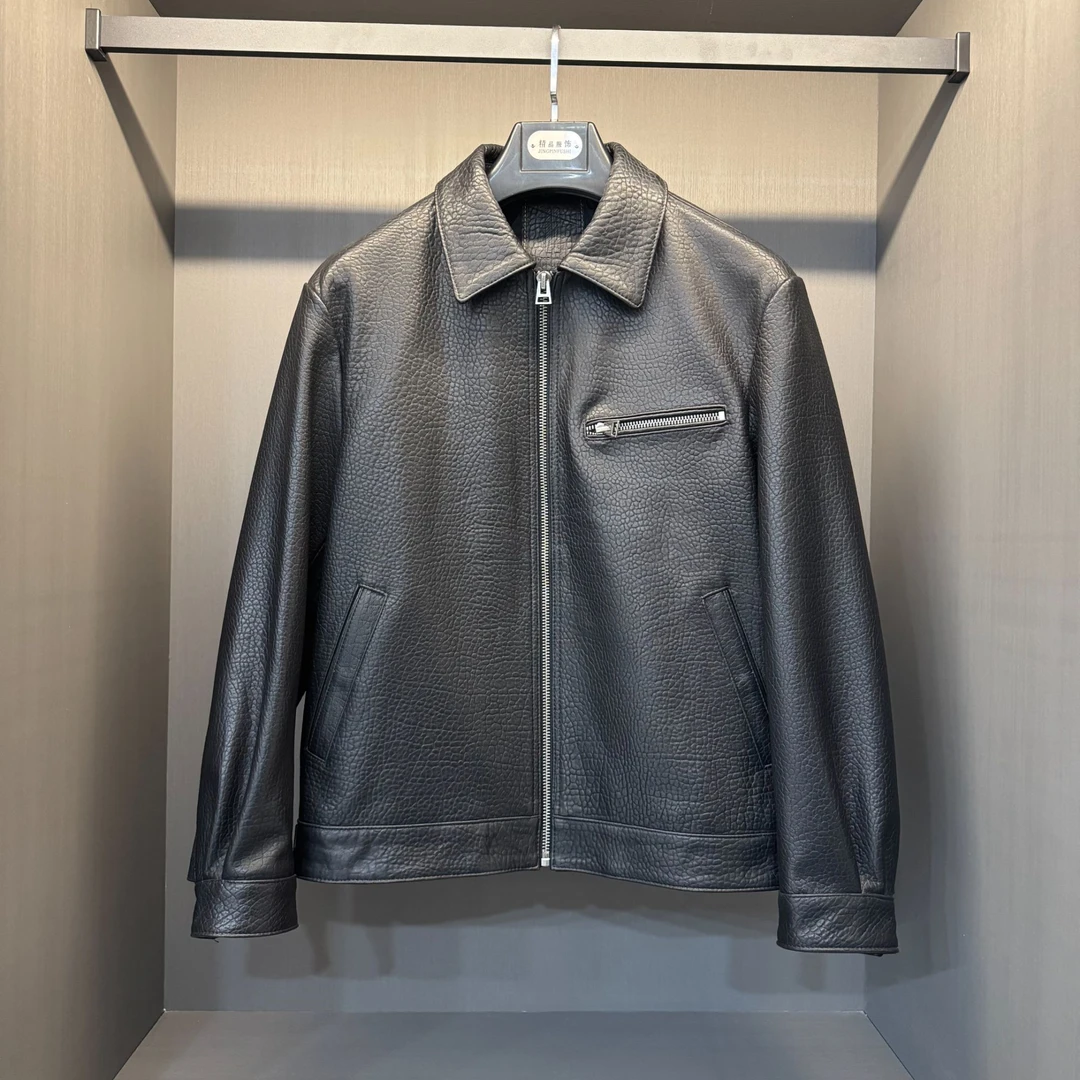 男士真皮纯黑色大象纹男士翻领休闲百搭春秋外套