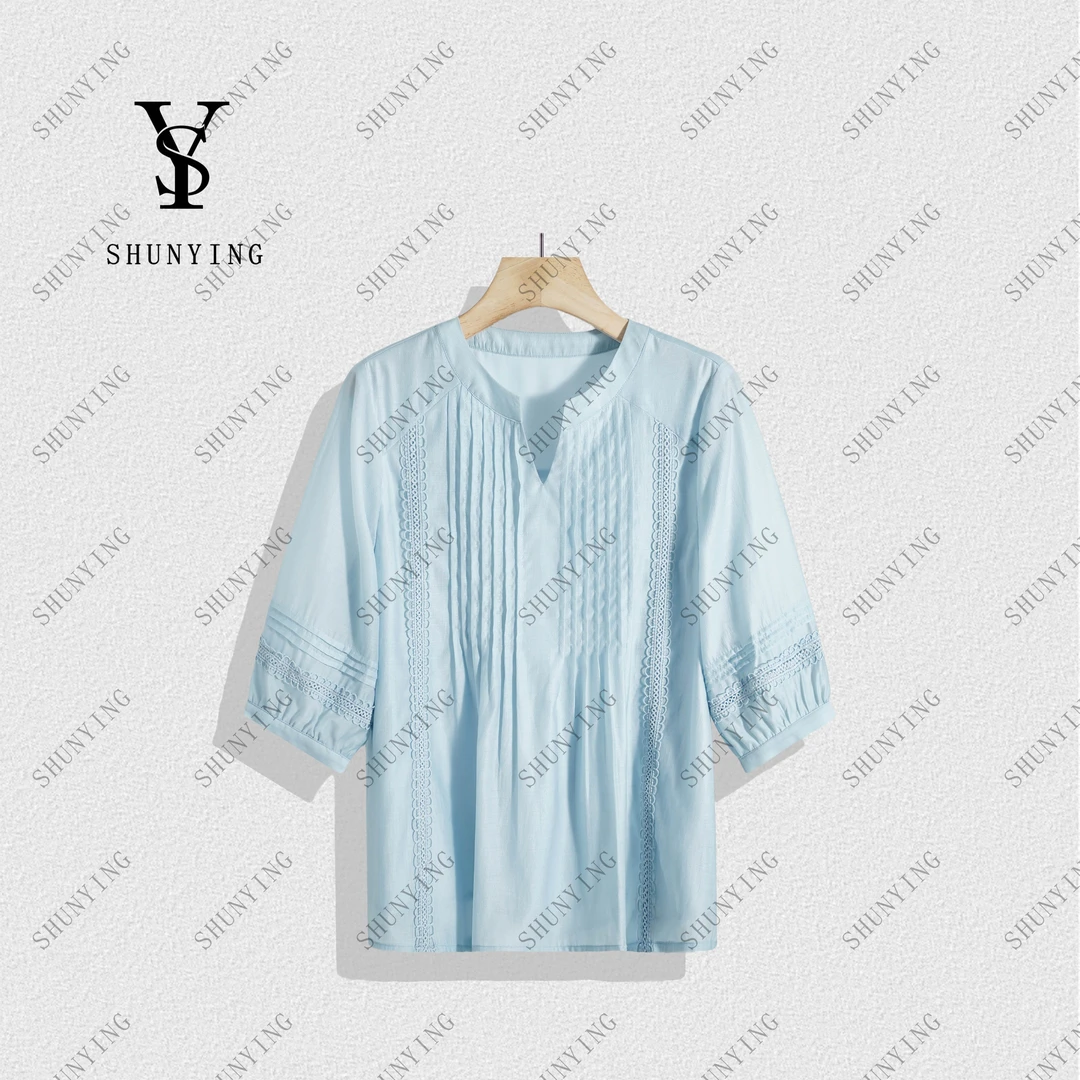 【顺瀛】温柔柔软~小众设计感压褶拼接蕾丝V领五分袖衬衫SY72C1533