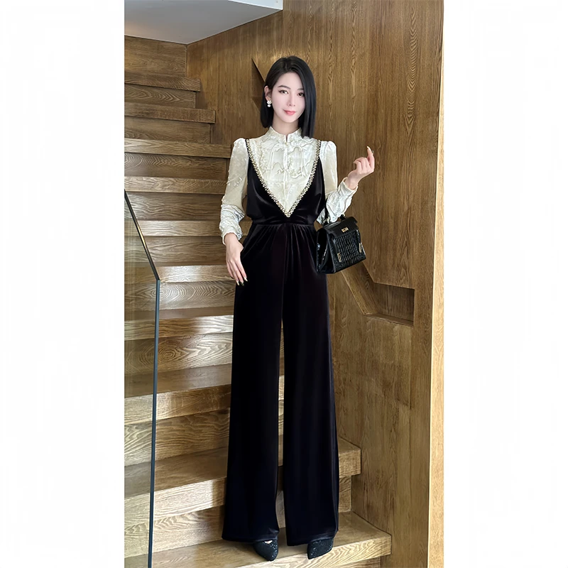 格娜2025秋季新款别致丝绒阔腿连衣裤黑色百搭法式收腰显瘦背带裤