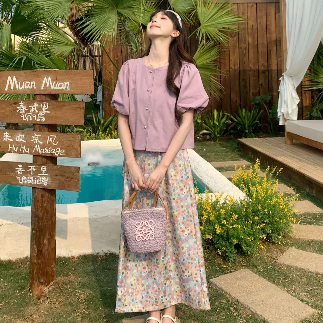 【拍套装有发箍】慕兔法式温柔甜美泡泡袖上衣配碎花长裙显瘦两件套