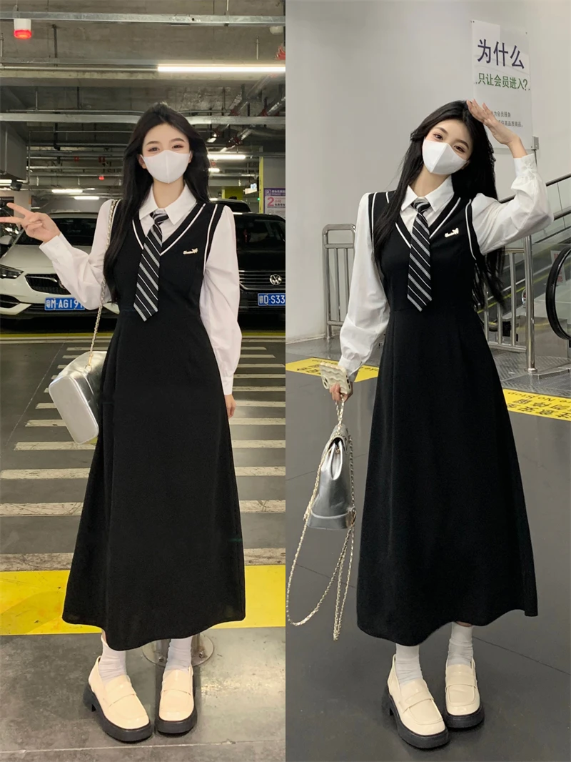 长袖常规学院风POLO领大码连衣裙四季通用套头成人