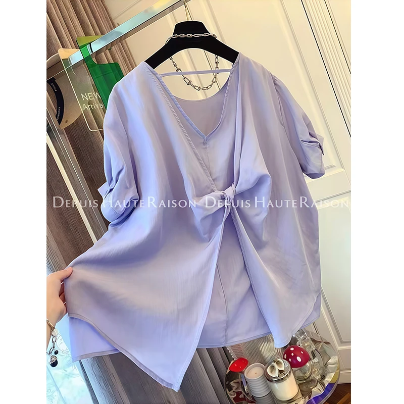 胖妹妹240斤大码独特设计感后背扭结蝴蝶结短袖衬衫女夏休闲上衣