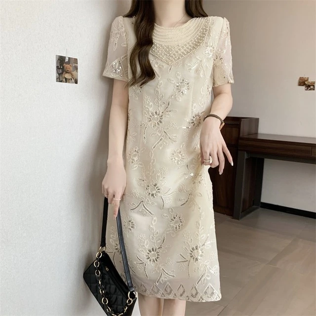 法式高级感重工钉珠短袖连衣裙女夏季大码宽松显瘦遮肚子欧货裙子