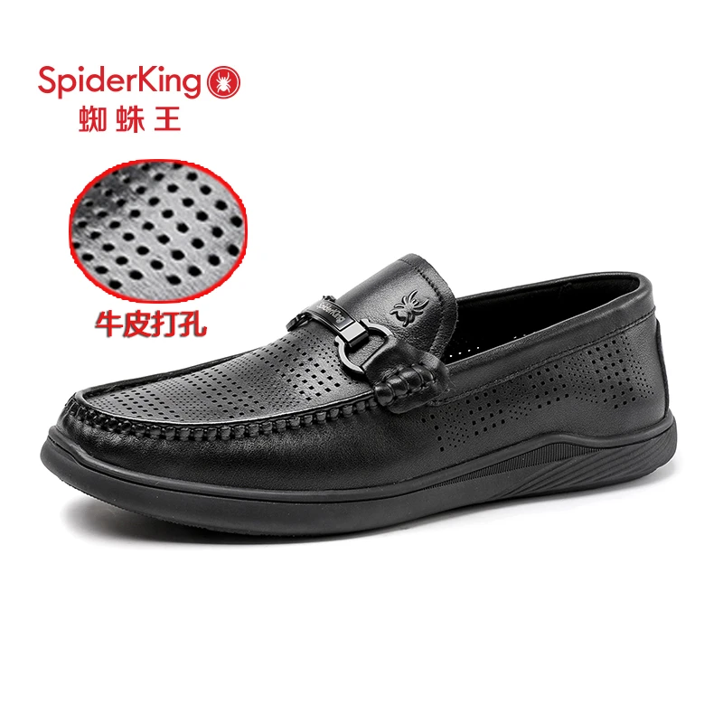 蜘蛛王男鞋2025夏季新款通勤镂空皮鞋男士透气休闲皮鞋打孔一脚蹬