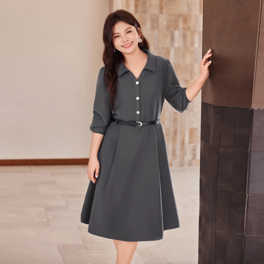 配腰带【高级感连衣裙】MsShe大码女装秋冬收腰显瘦中长裙S2509003