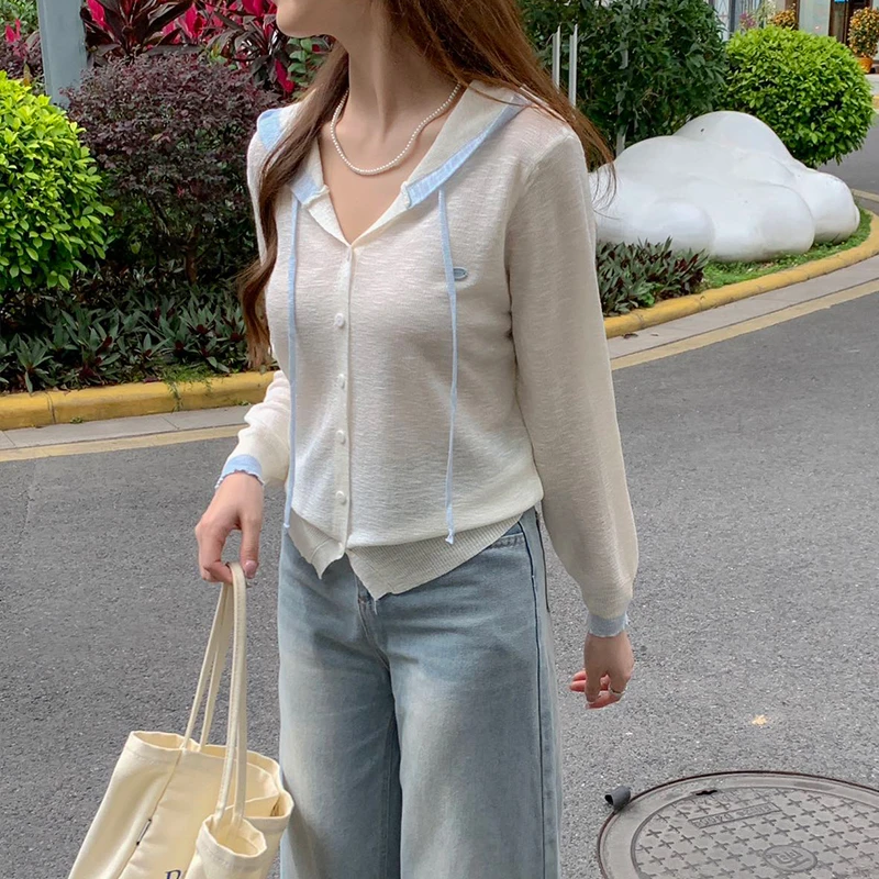 撞色连帽长袖防晒衫天丝亚麻薄款针织衫女夏季开衫宽松显瘦外套