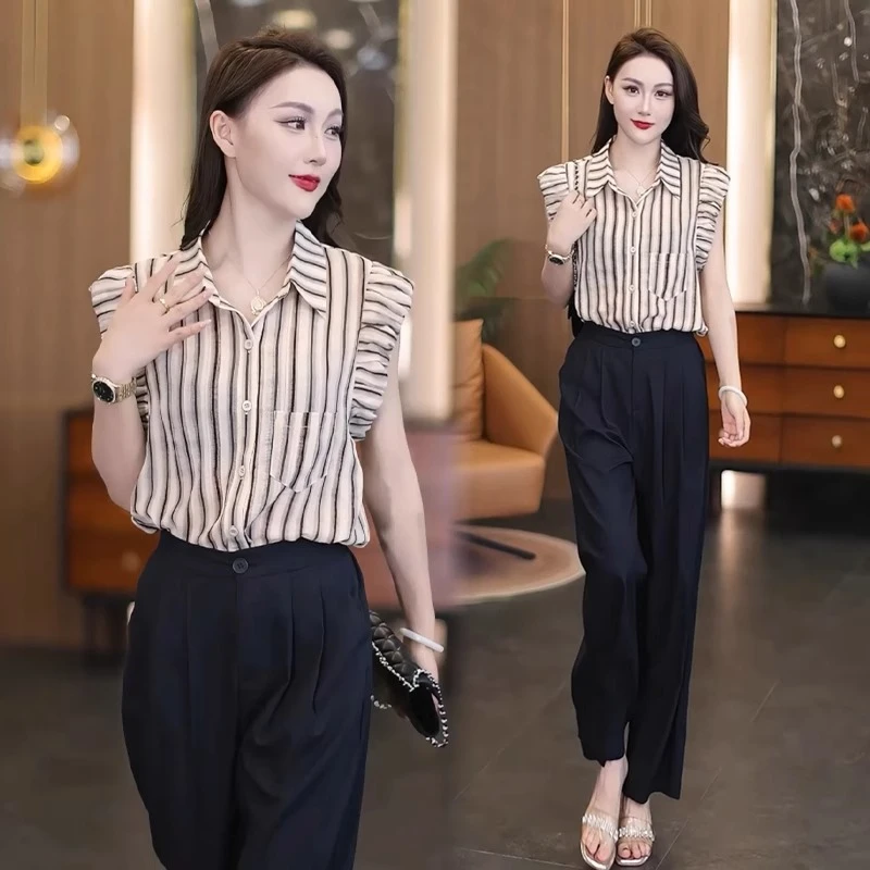时尚套装女2025夏季新款时髦洋气减龄条纹衬衫显瘦阔腿裤两件套潮