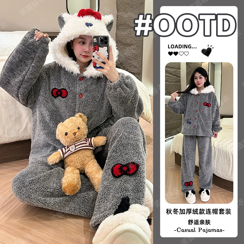 加绒加厚睡衣套装2025冬季新款保暖睡衣女宽松可爱风可外穿家居服