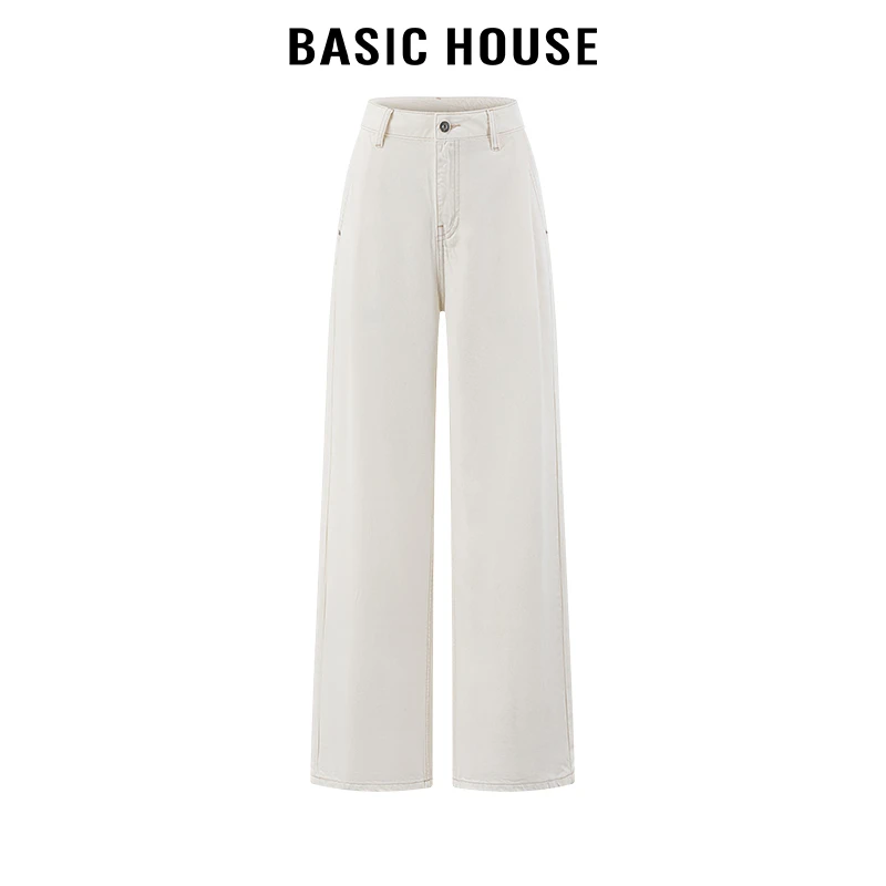 百家好/Basic House白色阔腿牛仔裤女设计感显瘦宽松百搭小众长裤