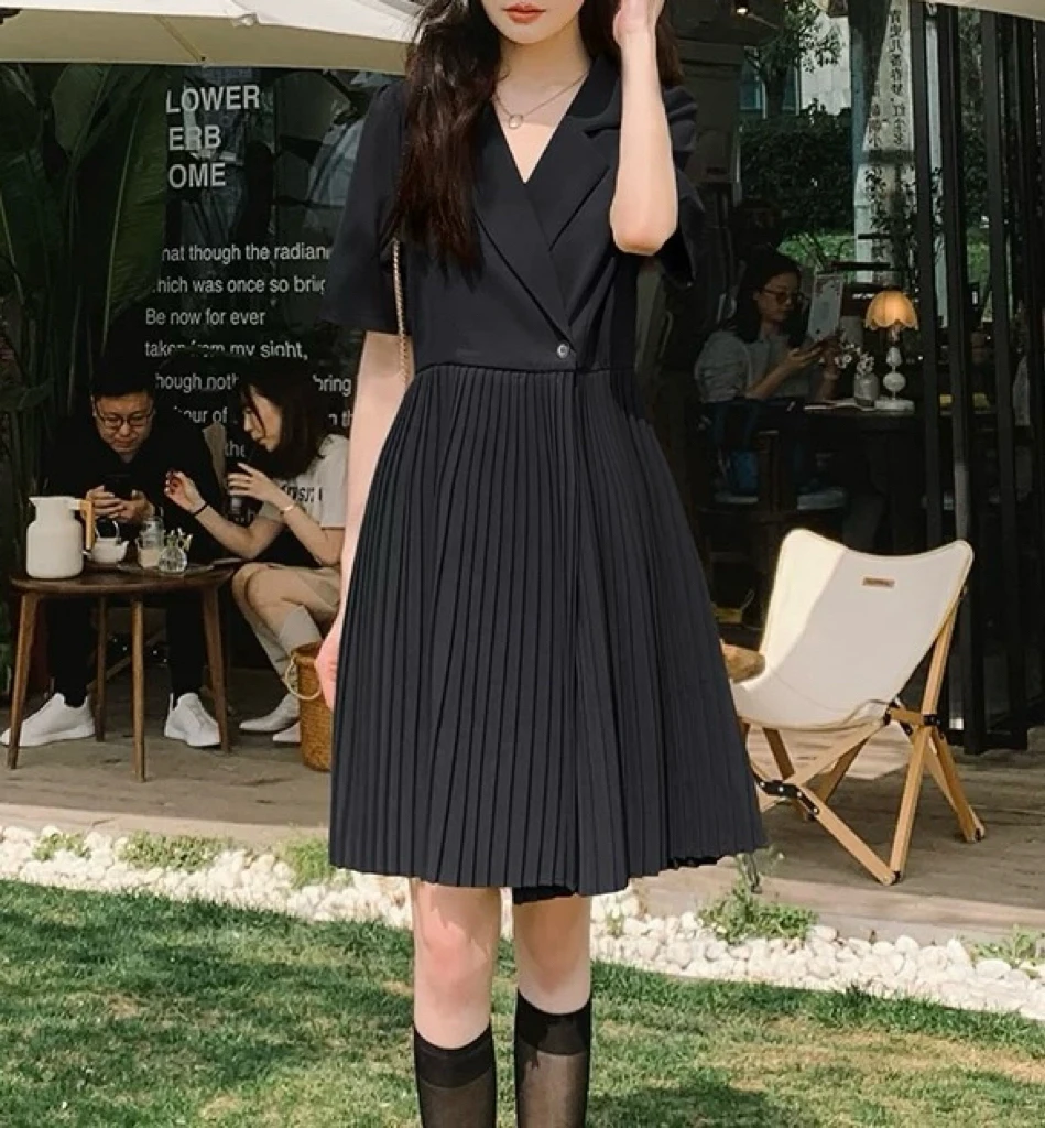 8006 高级感纯色百褶设计显瘦夏季西装连衣裙（S02）