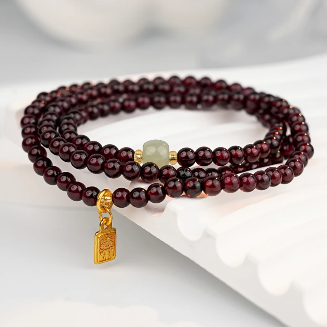 醉红颜石榴石串珠手串女款2025新款三圈国风天然石榴石手串