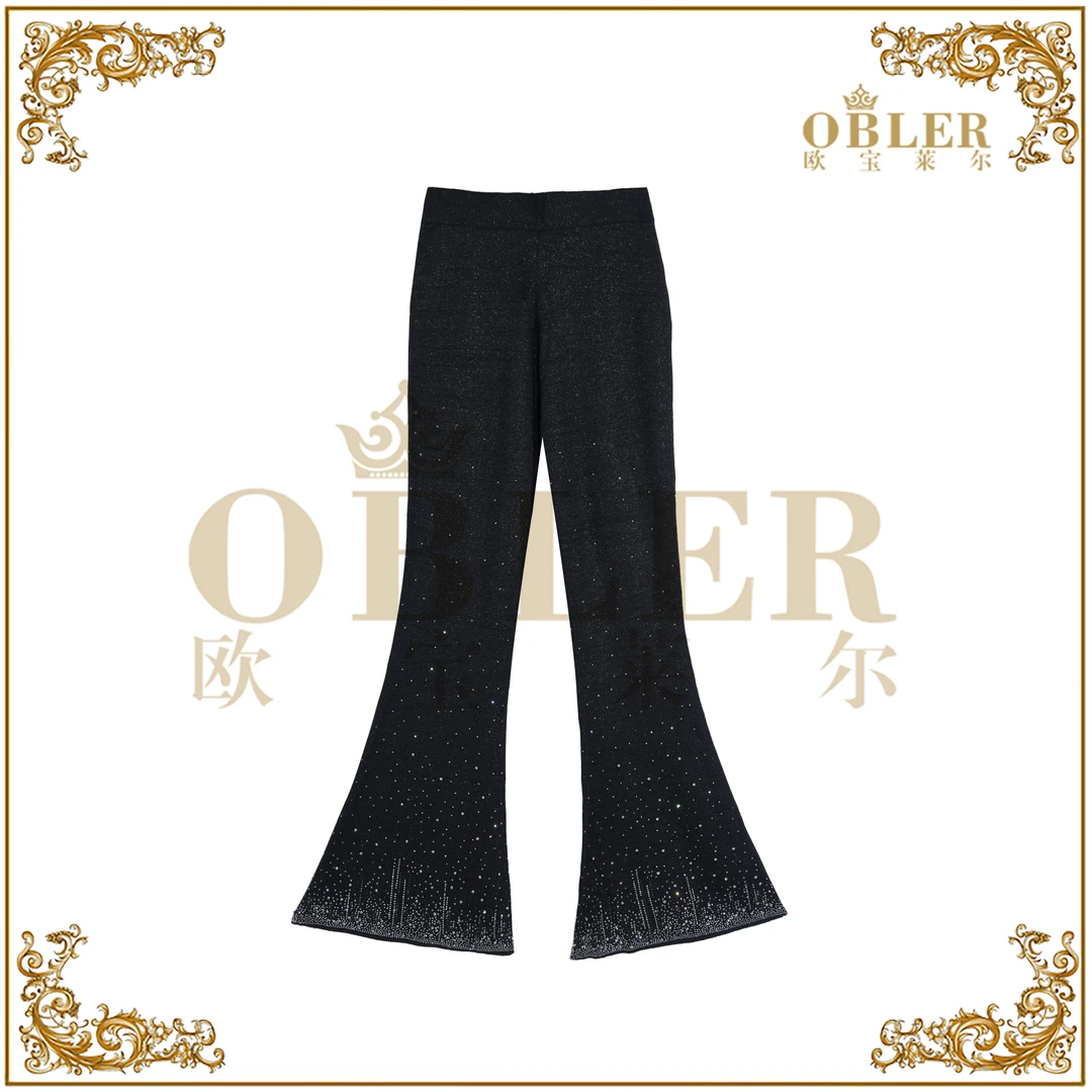 【欧宝莱尔】早秋新款优雅烫钻高腰针织休闲长裤902-A-2502