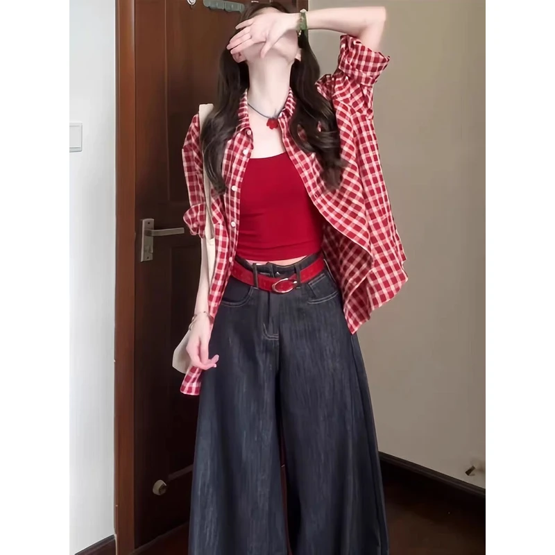 红色格子长袖防晒衬衫女夏季女装洋气时髦气质薄款外套慵懒风上衣