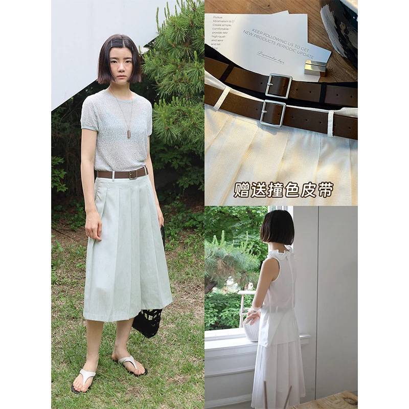 夏季百搭时尚搭配撞色皮带法式经典百褶白色连衣裙【娜家衣柜】