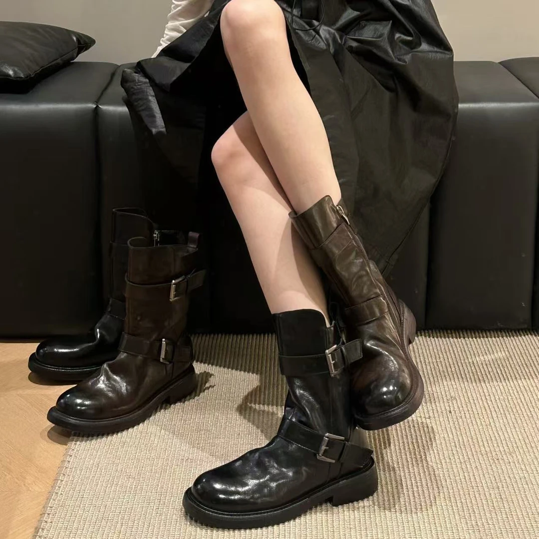 2025秋冬新款加绒短筒靴女皮带扣不过膝侧拉链中筒骑士靴短靴百搭