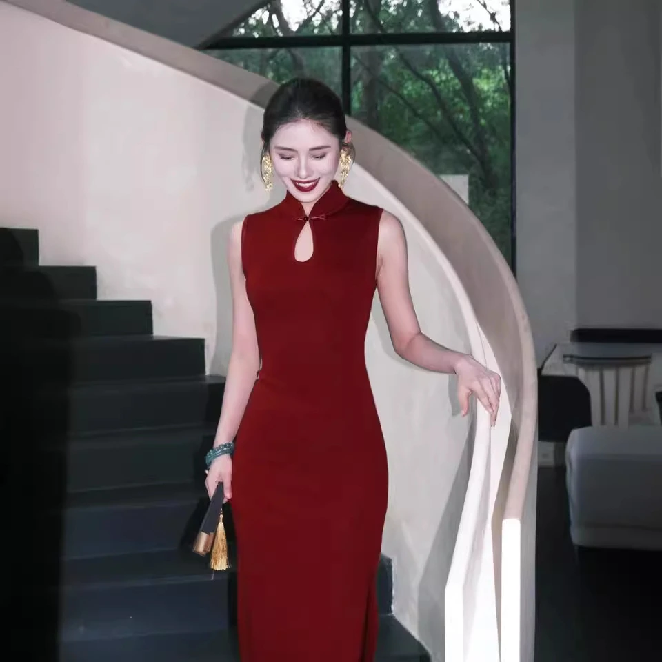 国风水滴领针织旗袍连衣裙敬酒服修身高端气质新中式无袖领证长裙