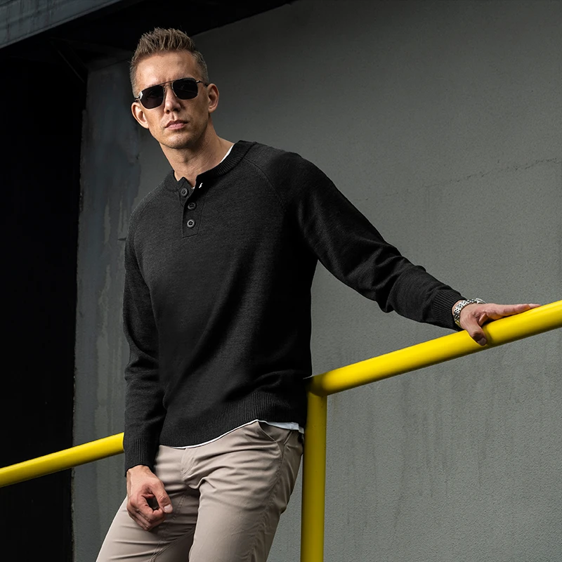 【龙牙】隐翼美丽诺羊毛亨利领套头毛衣秋冬商务保暖羊毛衫长袖休闲