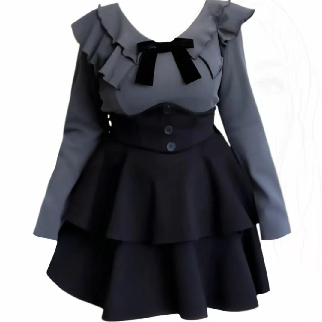 胖鑫家大码甜酷风蝴蝶结上衣+毛呢束腰半身裙两件套装9332+9333