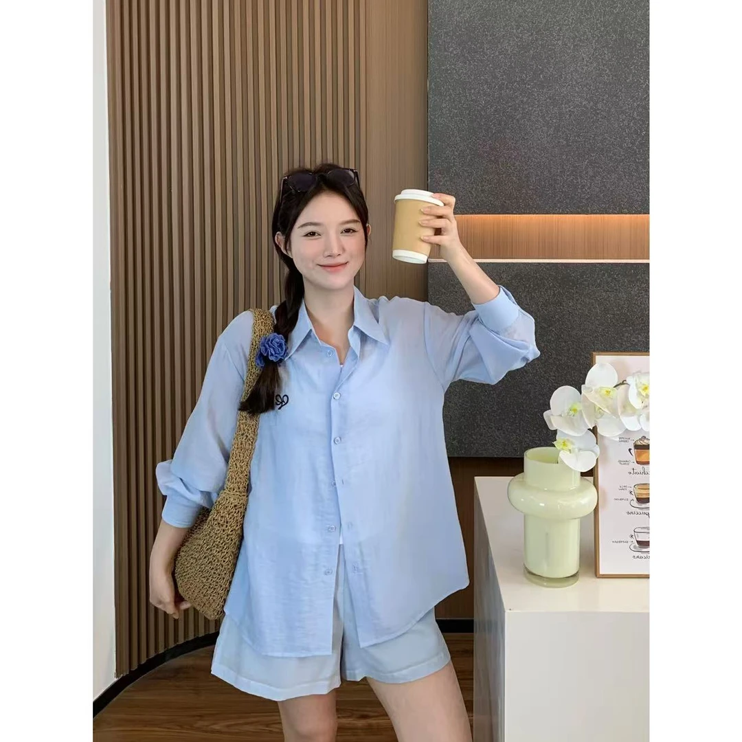 小羽酱小个子定制韩系慵懒休闲百搭亚麻刺绣衬衫松紧腰短裤两件套