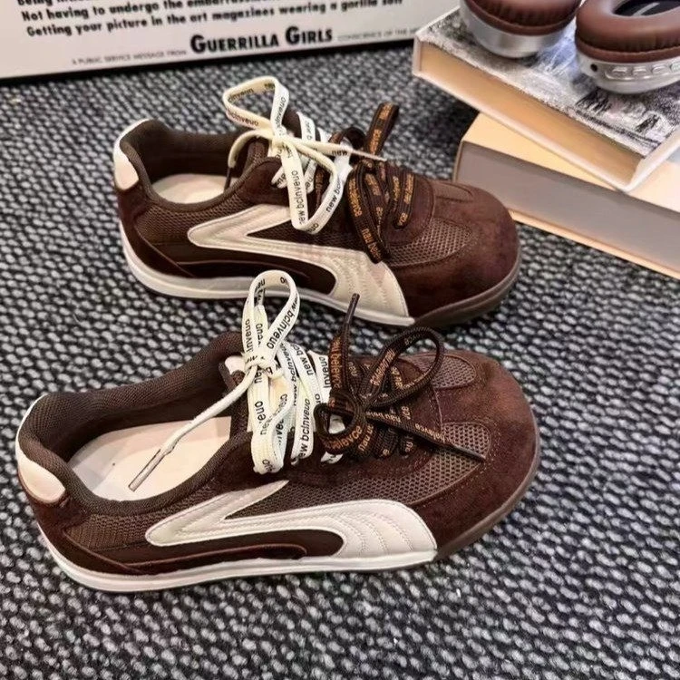 韩版大头双色鞋带丑萌面包德训鞋女2025秋季新款真皮厚底休闲板鞋