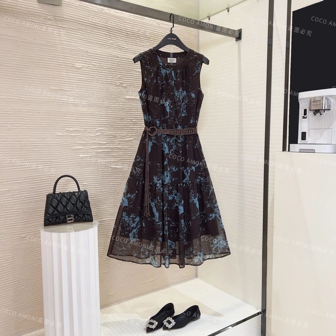 名媛风设计师新款重工女装拼接撞色印花收腰气质连衣裙WX1015