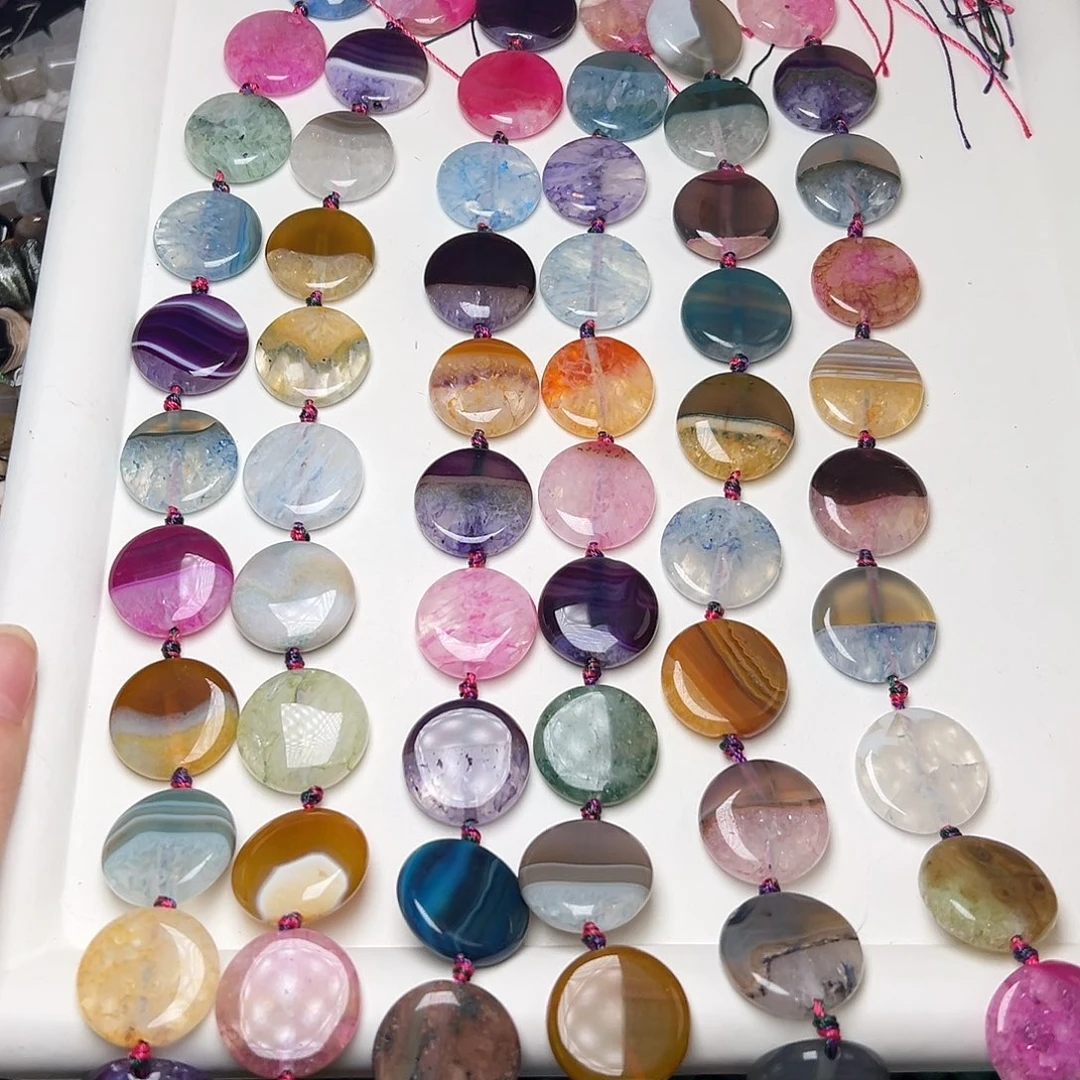 玛瑙/玉髓合金珠宝半成品V689。24mm天然水晶玛瑙圆饼一条