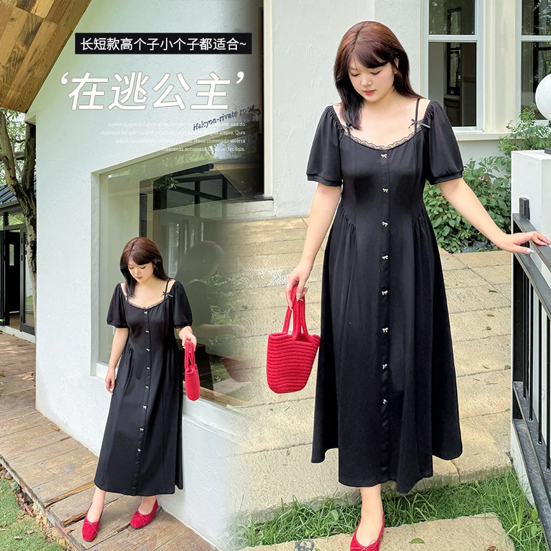 闺蜜装长短款可选连衣裙2025夏季新款吊带蝴蝶结收腰小黑裙242439