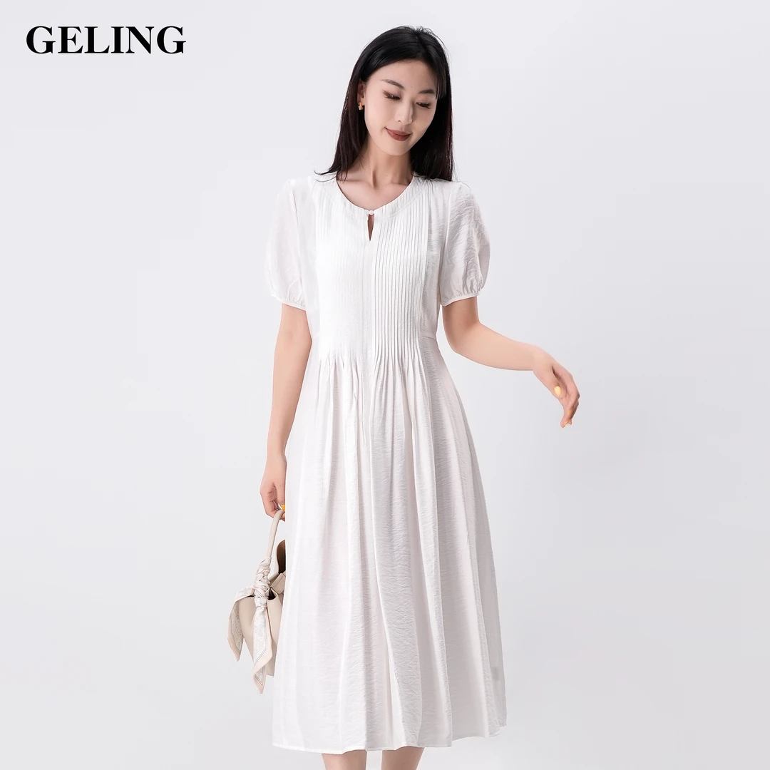 GELING/歌&玲短袖棉质连衣裙法式小白裙高腰宽松长裙G504WC45L