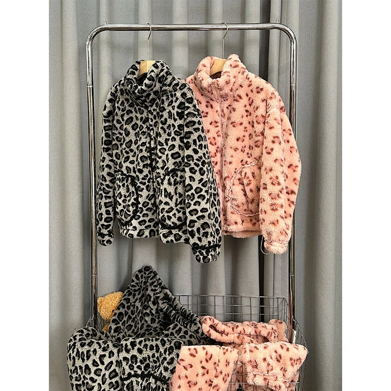【叶子服饰】加厚保暖豹纹睡衣套装甜美居家服软糯珊瑚绒两件套女士