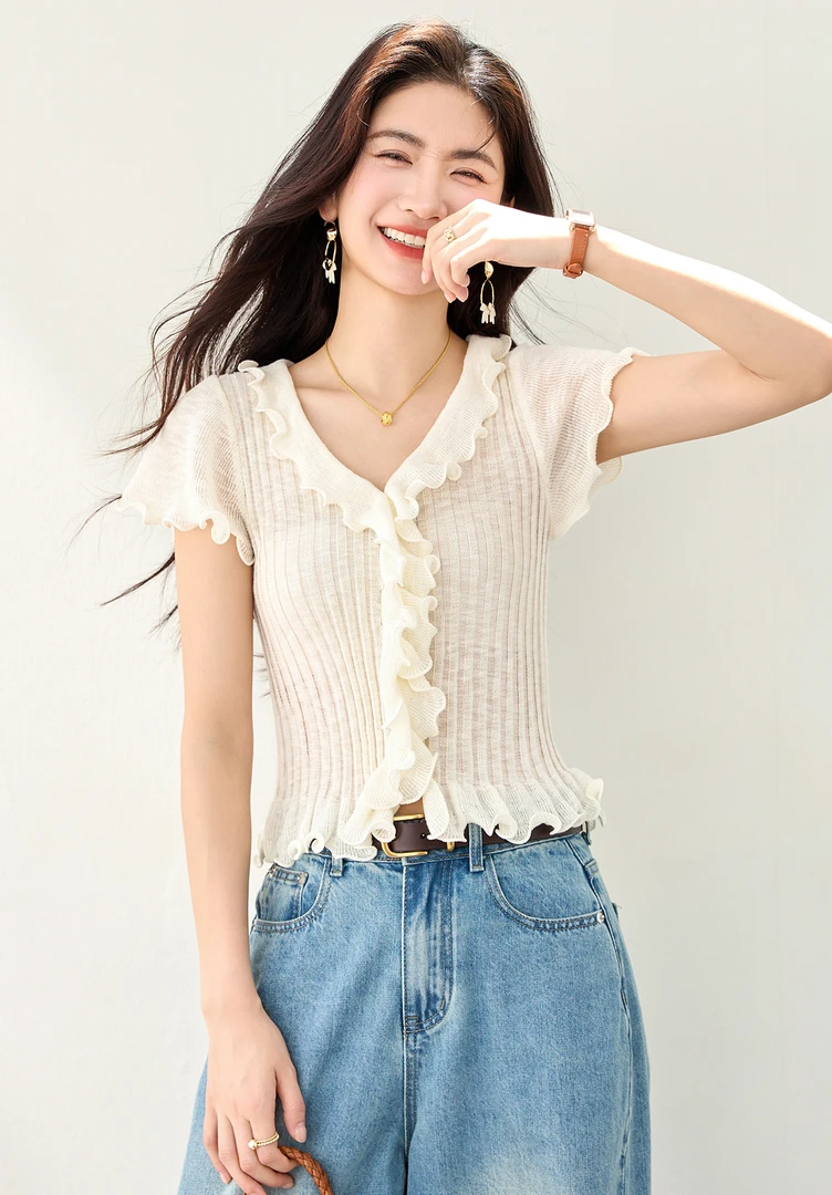 2025 修身显瘦荷叶边V领短袖t恤女薄款花边领上衣夏季