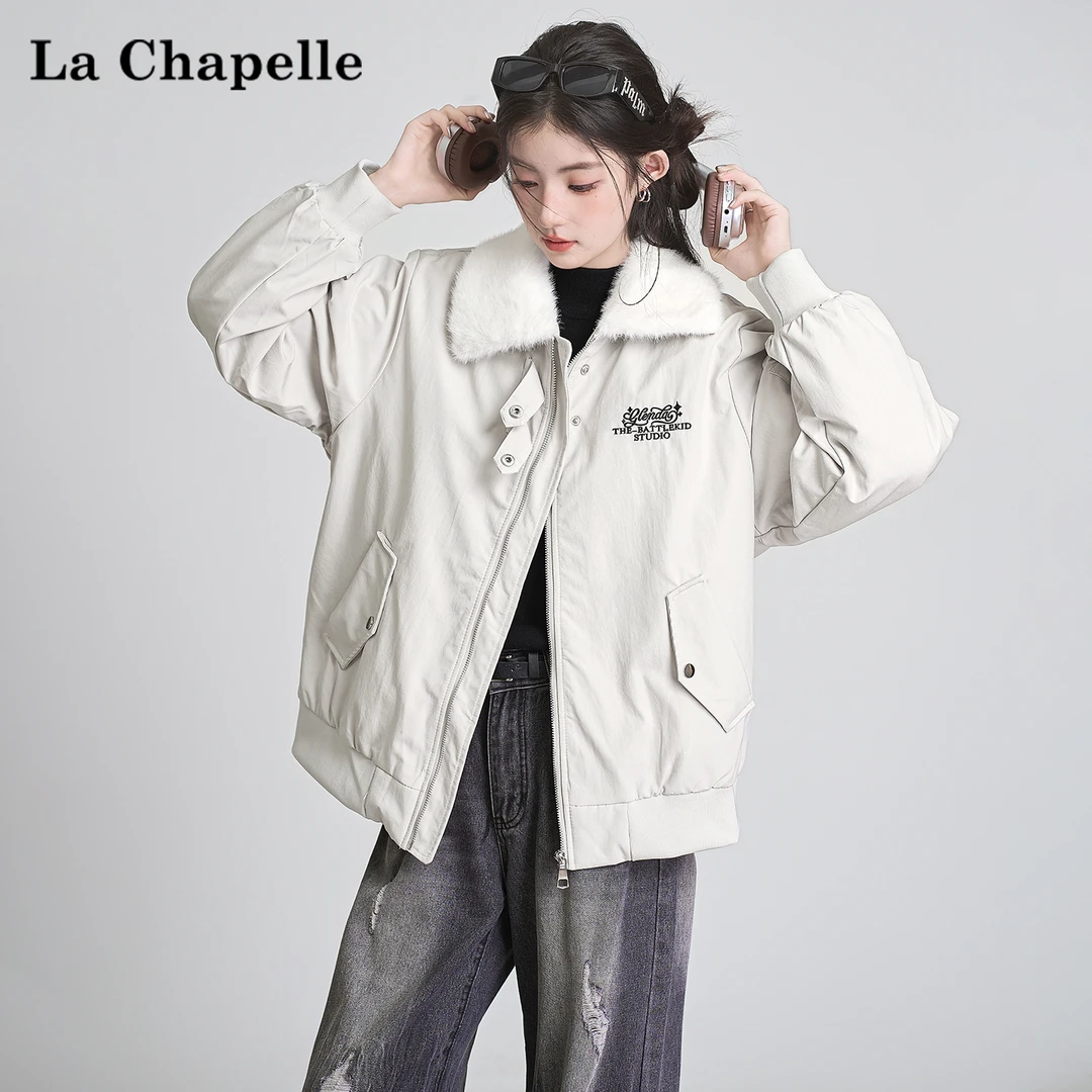 拉夏贝尔复古仿羊羔毛翻领字母刺绣外套女秋冬加厚棉服宽松上衣潮