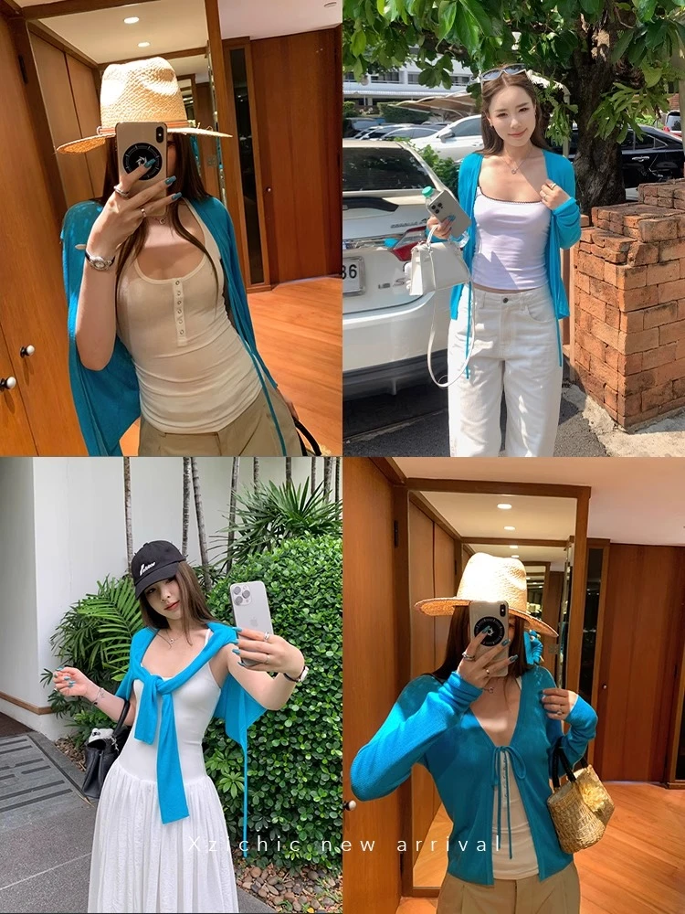 夏季法式百搭通勤长袖开衫气质显瘦纯色设计感上衣4098#