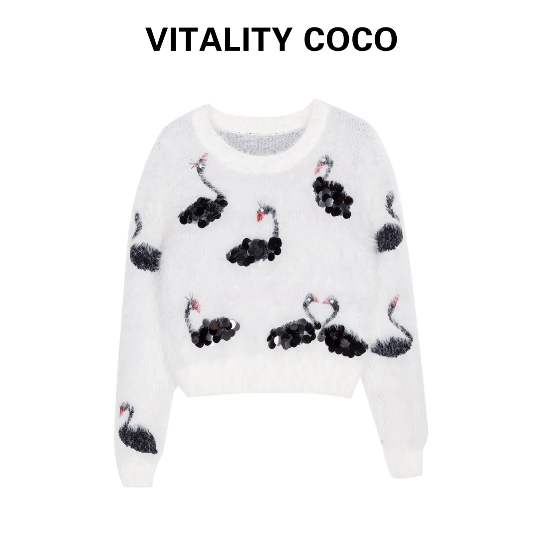 「VITALITY COCO」白色天鹅毛衣秋冬马海毛软糯百搭针织上衣-807