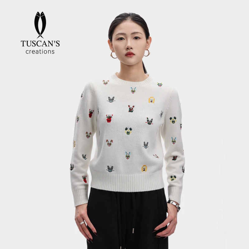 TUSCAN'S CREATIONS刺绣针织时尚宽松套头圆领针织衫双鱼女装