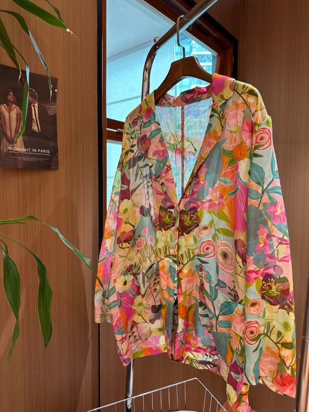 InaChou韩版苎麻花色贝壳扣时尚百搭薄款西服+小众炸街高级感女装