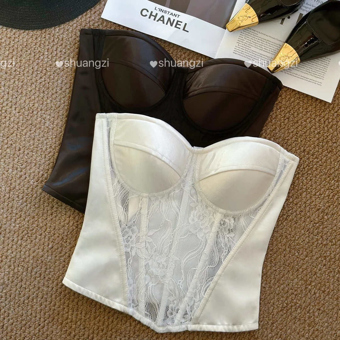 缎面流光折角腰高级感修身显瘦外穿内搭带胸垫一字肩鱼骨醋酸蕾丝