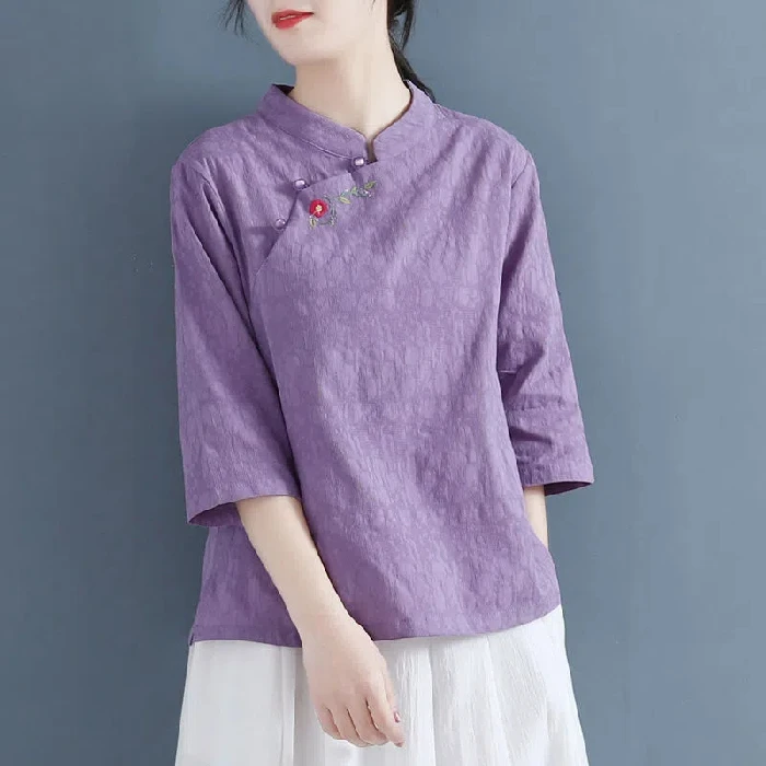 女装上衣大码夏季春夏宽松中式立领提花棉刺绣衬衫女七分袖显瘦