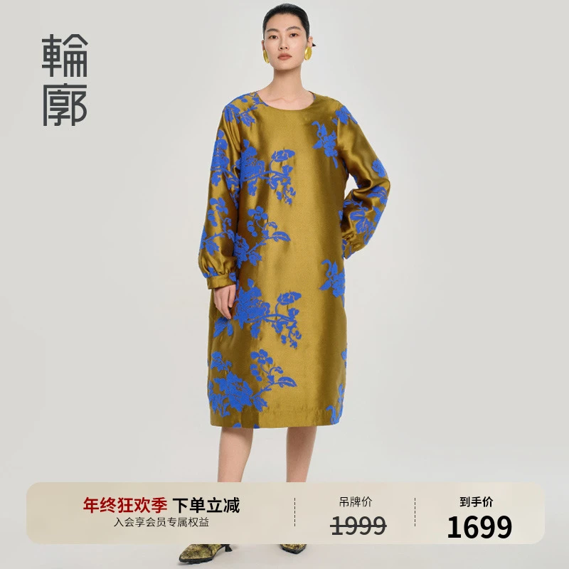 轮廓原创金缕衣国风新中式缎面绒感绣花复古中长款连衣裙L251Y045